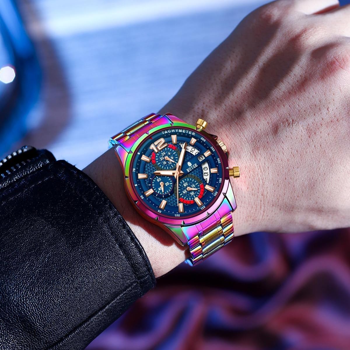 RUIGE Sports Chronograph Colorful Series Multi Functional Men's Quartz Watch Stainless Steel Material Men's Night Light Waterproof Fashion Trend Watch Diameter 42MM N3-3
