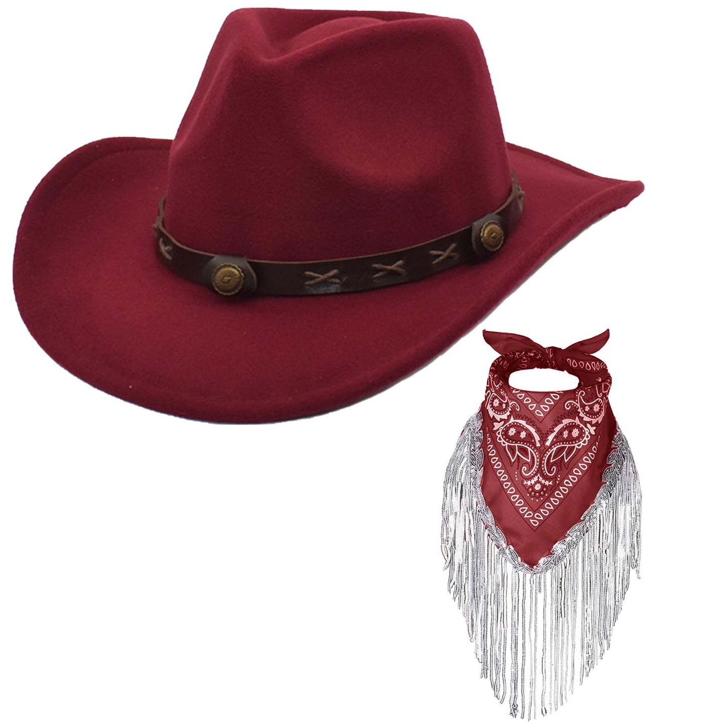 Ibeauti Cowboy Hat with Fringed Bandana Set for Women Wide Brim Western Cowgirl Hat Paisley Head Wrap Scarf