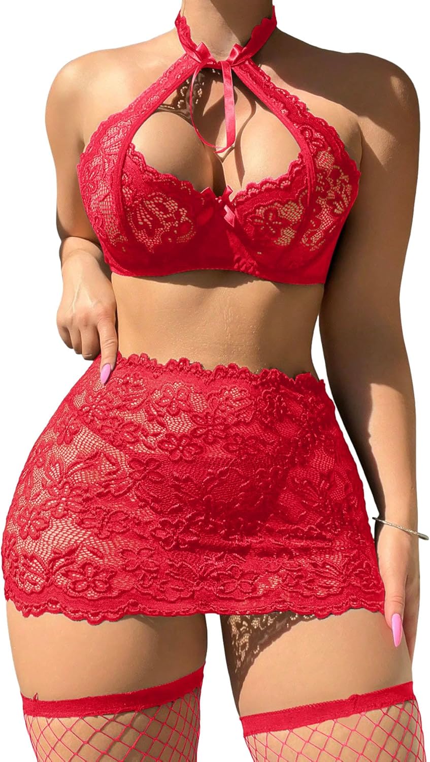 Sexy Cutout Halter Underwire Sheer Mini Skirt Stocking Lingerie Set 4 Piece Outfits