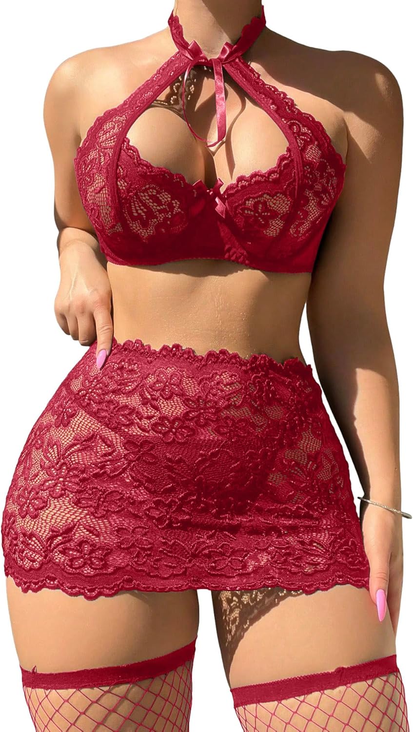 Sexy Cutout Halter Underwire Sheer Mini Skirt Stocking Lingerie Set 4 Piece Outfits