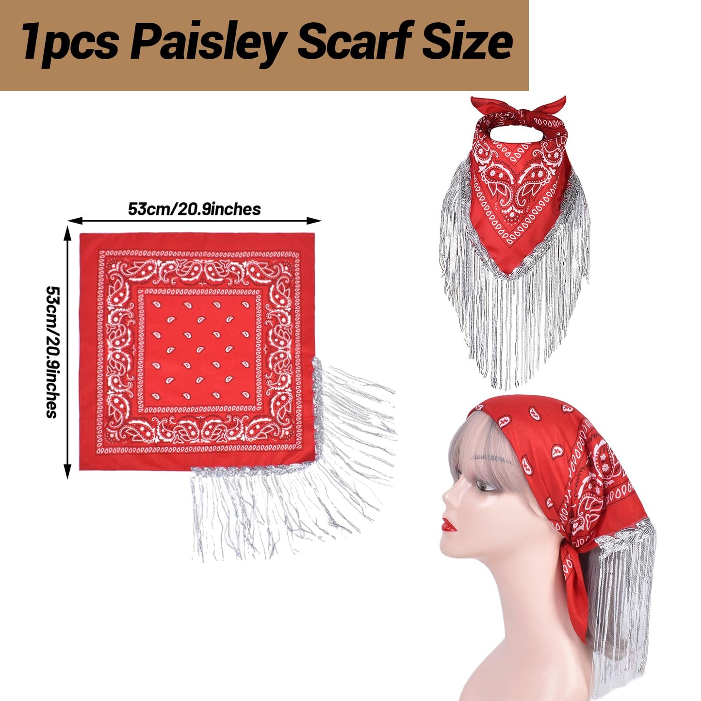 Ibeauti Cowboy Hat with Fringed Bandana Set for Women Wide Brim Western Cowgirl Hat Paisley Head Wrap Scarf