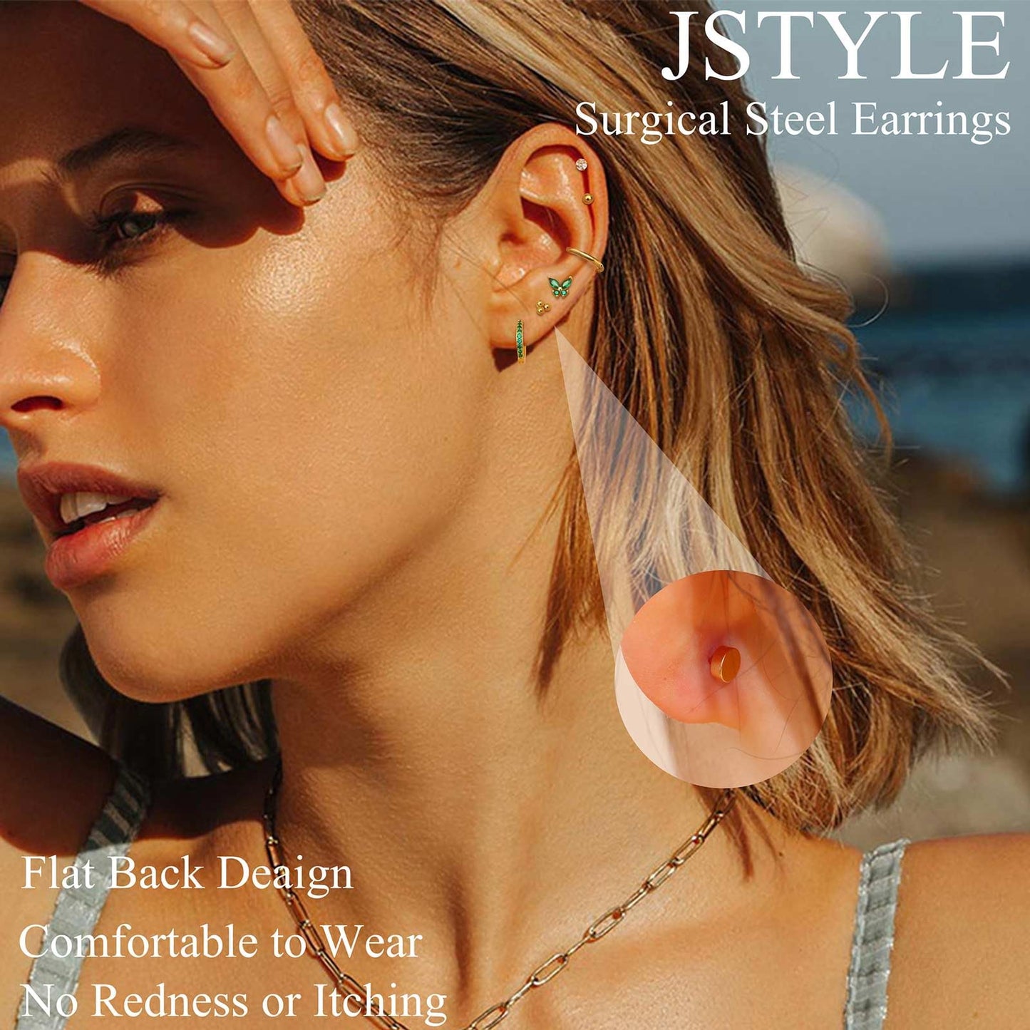 Jstyle Hypoallergenic Surgical Steel Earrings for Sensitive Ears 14K Gold Flat Back Earrings for Women Men Small Stainless Steel Earrings Flatback Stud Hoop Cartilage Earring Set for Multiple Piercing