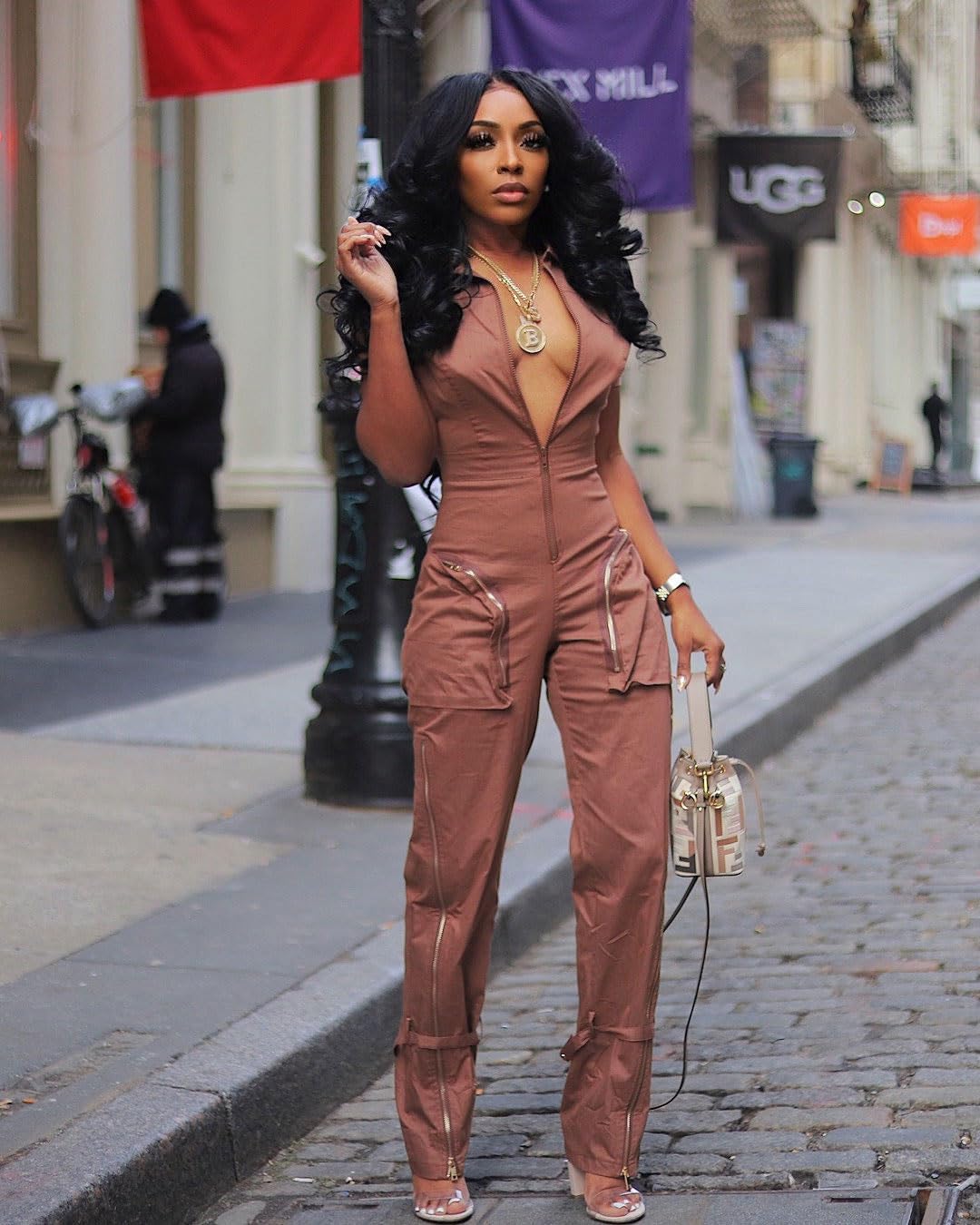 LKOUS Cargo Jumpsuits for Women Dressy, Sexy Short Sleeves V Neck Zipper One Piece Outfits with Pockets