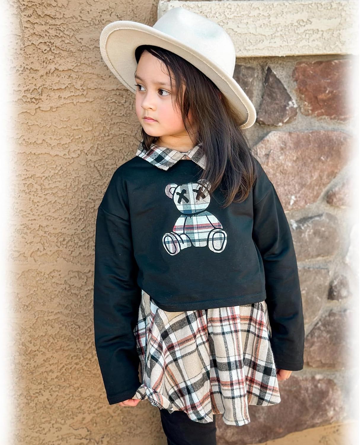 HINTINA Toddler Little Girl Letter Print Sweatshirt Top Plaid Skirt Pants Fall Winter Outfits
