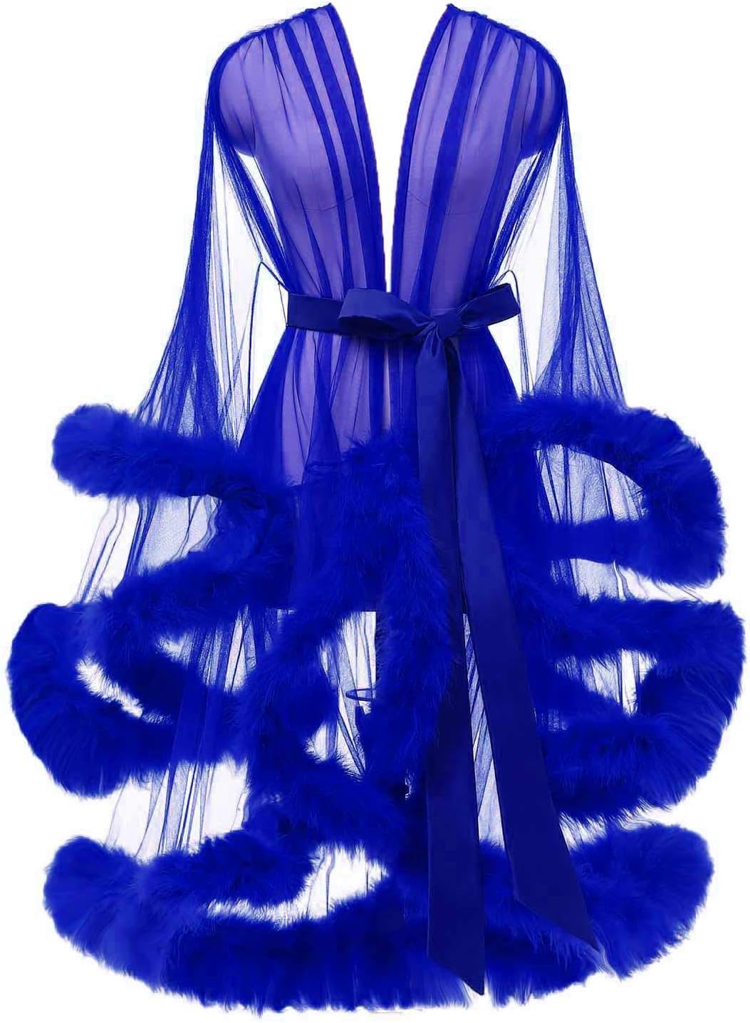 Tulle Feather Robe Sexy Sheer Mesh Fur Bridal Illusion Boudoir Bathrobe Nightgown Christmas Lingerie