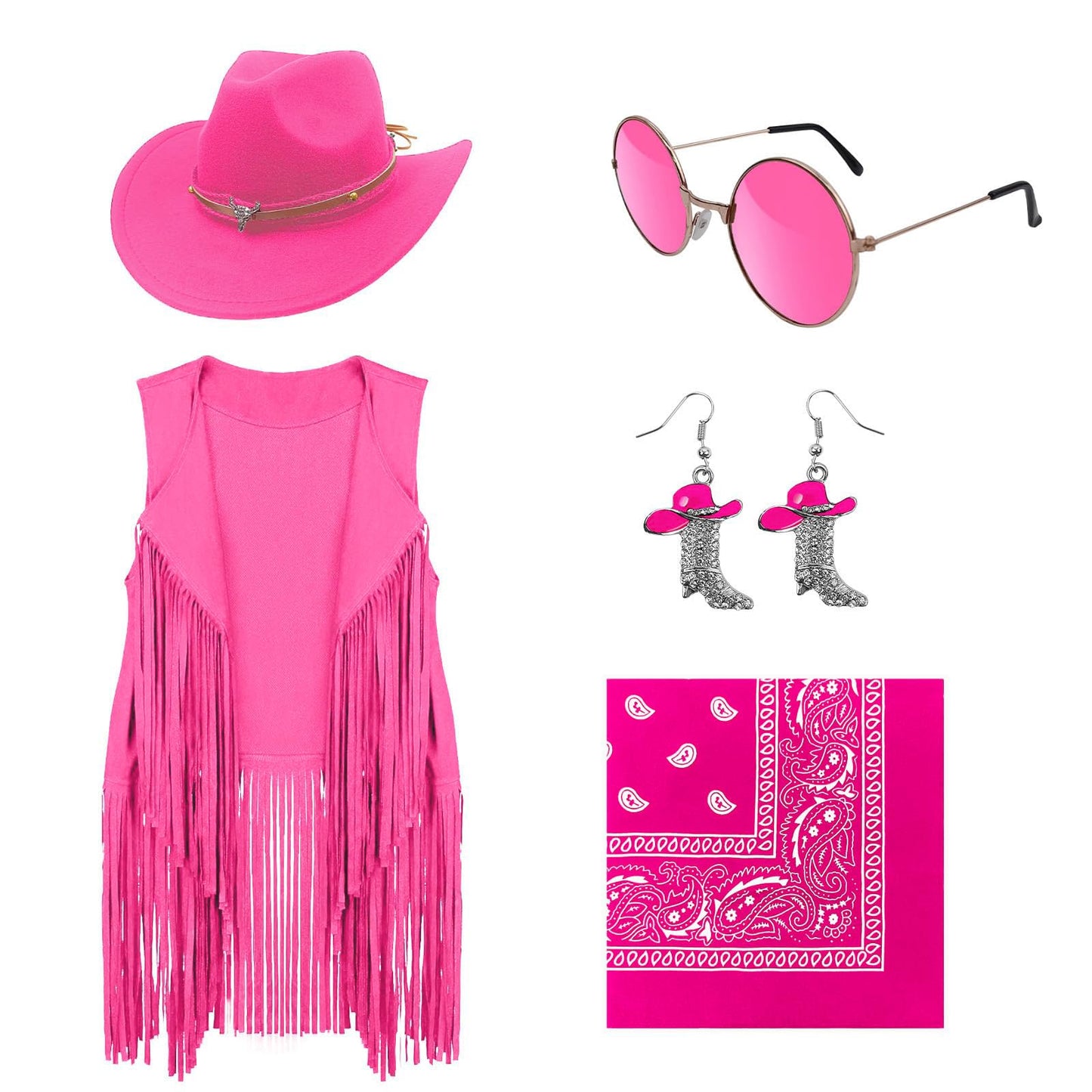 HyperFun Cowgirl Outfits for Women Western Costume Accessories Cowboy Hat Tassels Fringe Vest Earring Hippie Glasses Bandana