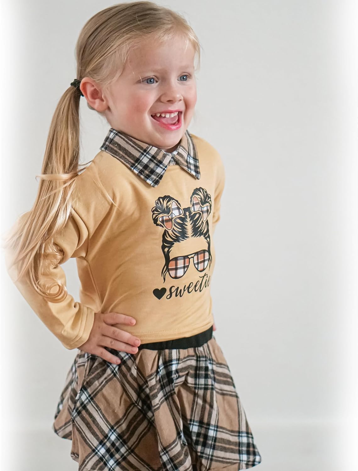 HINTINA Toddler Little Girl Letter Print Sweatshirt Top Plaid Skirt Pants Fall Winter Outfits