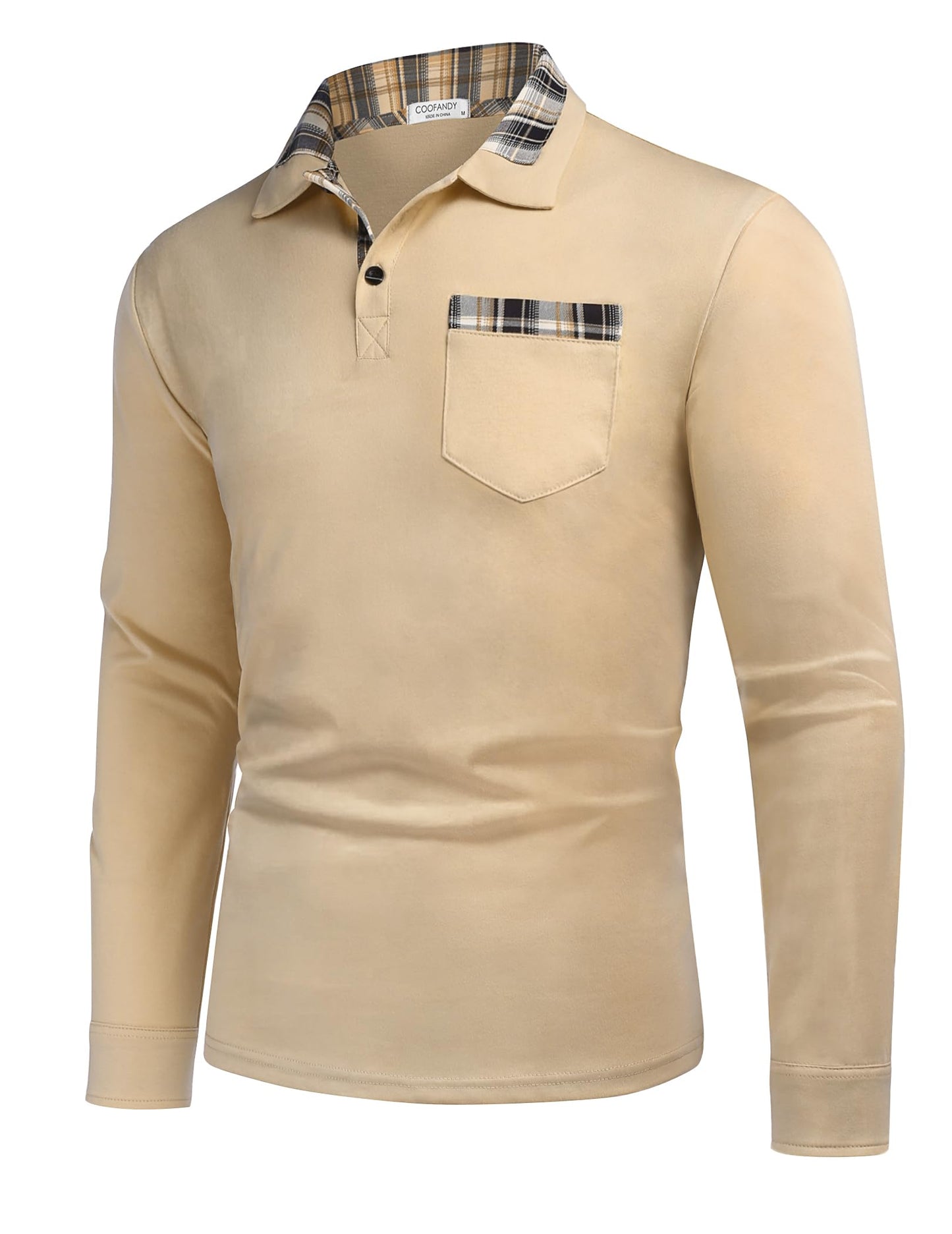 COOFANDY Men's Casual Polo Shirt Long Sleeve Classic Plaid Button Tees with Pockets
