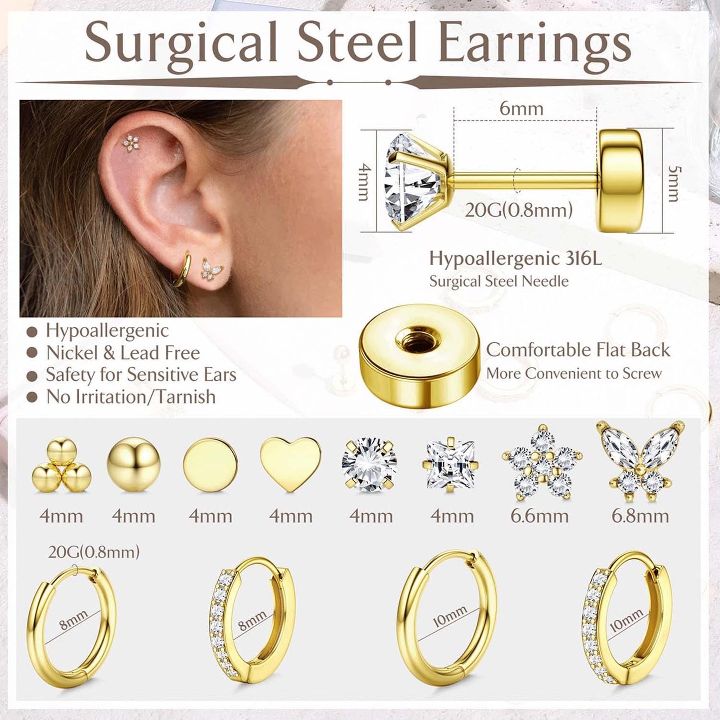 Jstyle Hypoallergenic Surgical Steel Earrings for Sensitive Ears 14K Gold Flat Back Earrings for Women Men Small Stainless Steel Earrings Flatback Stud Hoop Cartilage Earring Set for Multiple Piercing