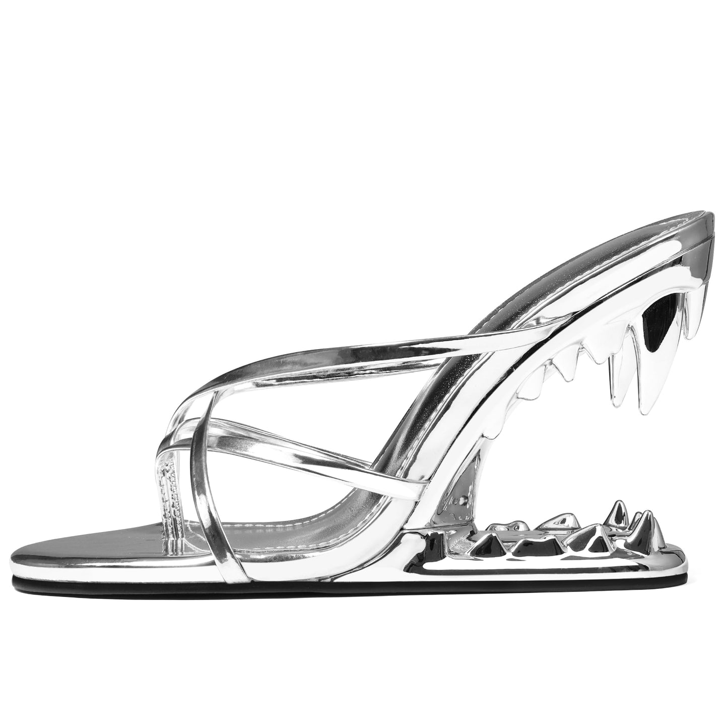 Goiphrri Wedge Sandals for Women Strappy Heels Round Open Toe Heels Metallic Shark Tiger Teeth heeled Sandals Flip Flops Thong Womens Mules Slip on Party Dress Wedding Ceremony