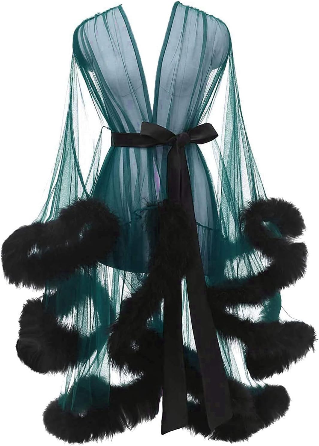 Tulle Feather Robe Sexy Sheer Mesh Fur Bridal Illusion Boudoir Bathrobe Nightgown Christmas Lingerie
