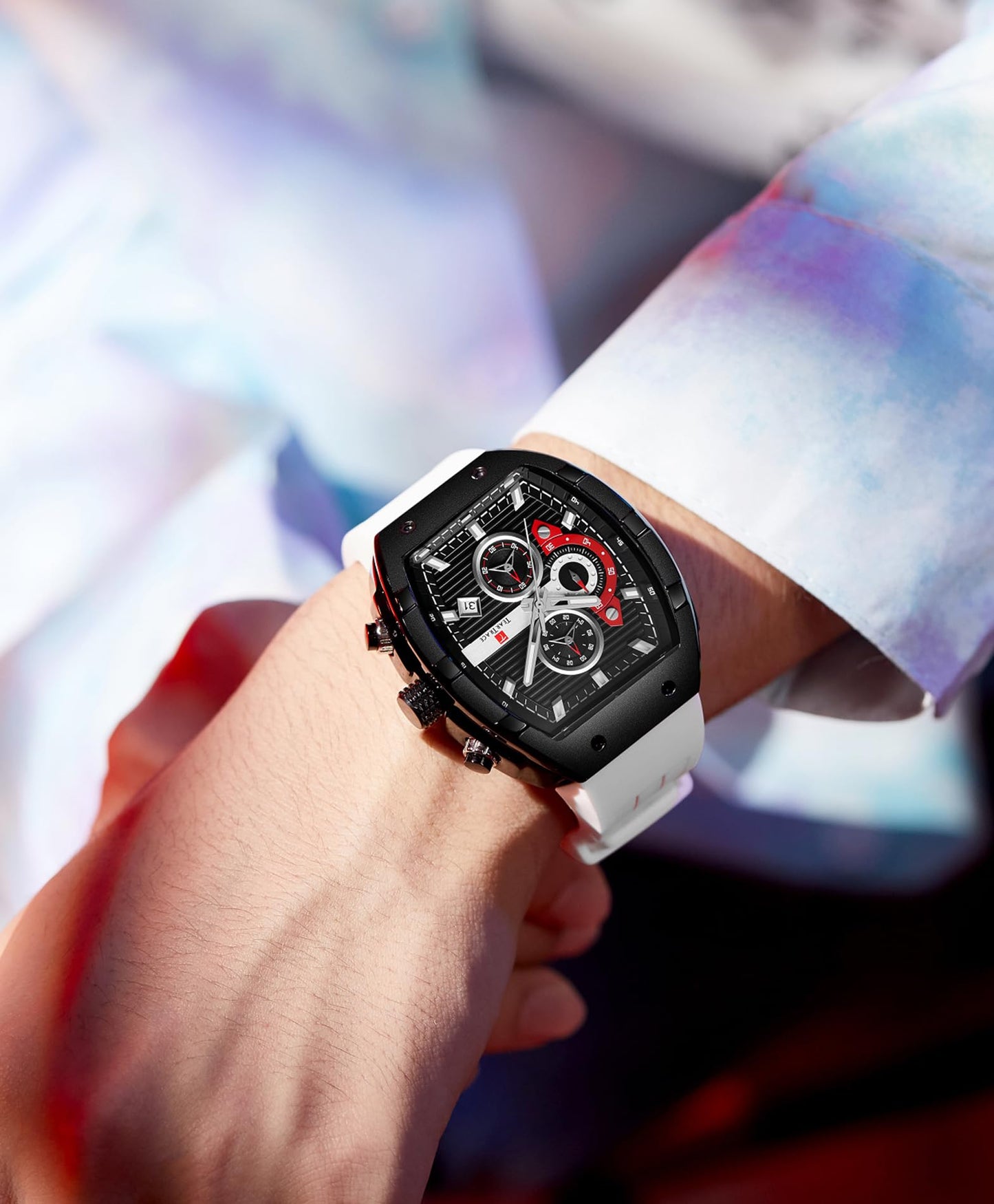 Watches for Men Analog Quartz Waterproof Sport Men’s Watch Tonneau Chronograph Luminous Fashionable Unique Casual Watch with Silicone Strap