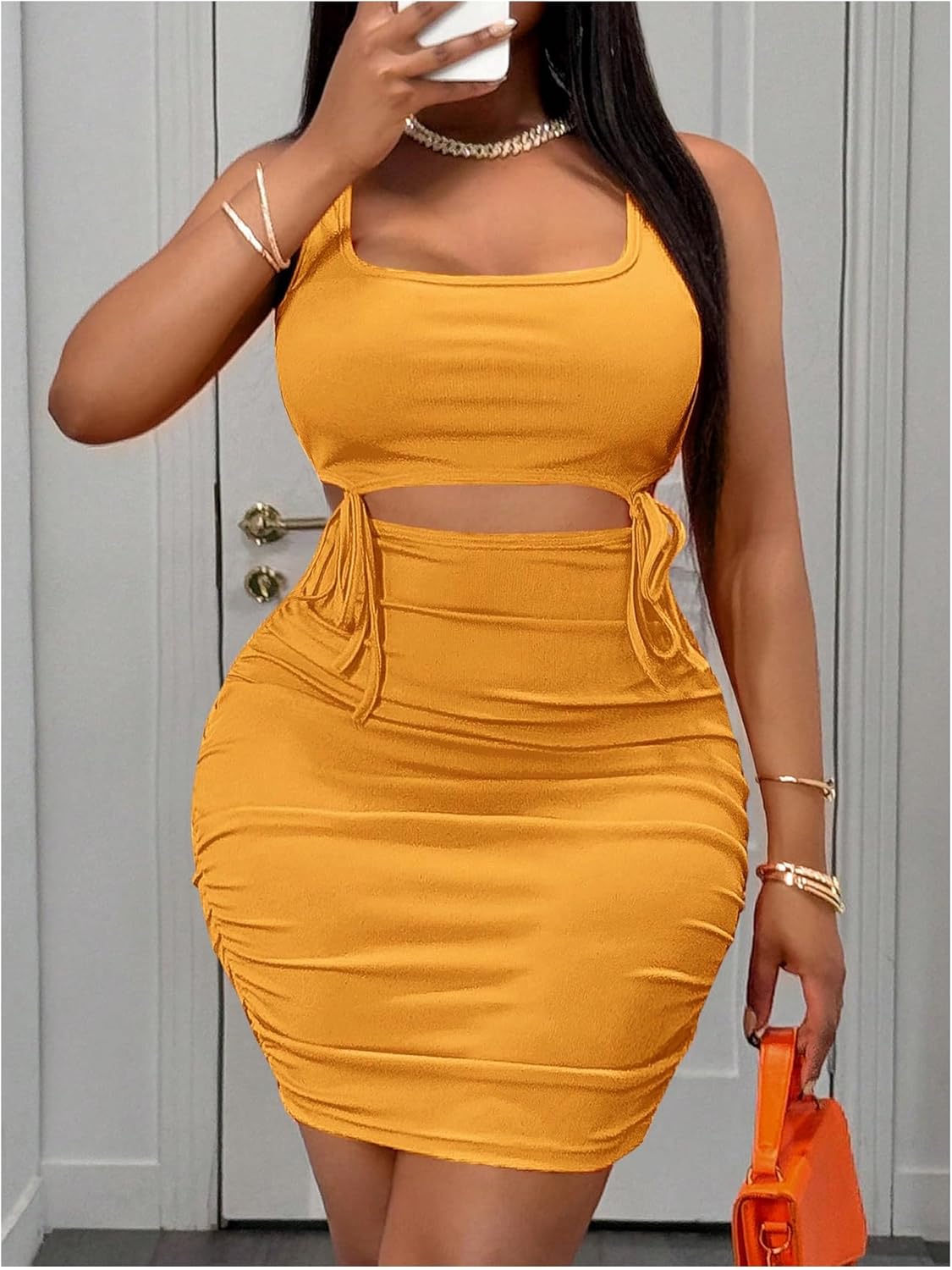 Floerns Women's Going Out Mini Dress Sleeveless Cut Out Tie Front Ruched Club Bodycon Dresses