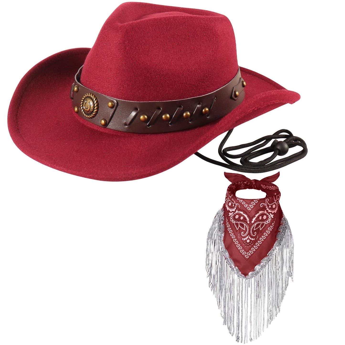 Ibeauti Cowboy Hat with Fringed Bandana Set for Women Wide Brim Western Cowgirl Hat Paisley Head Wrap Scarf