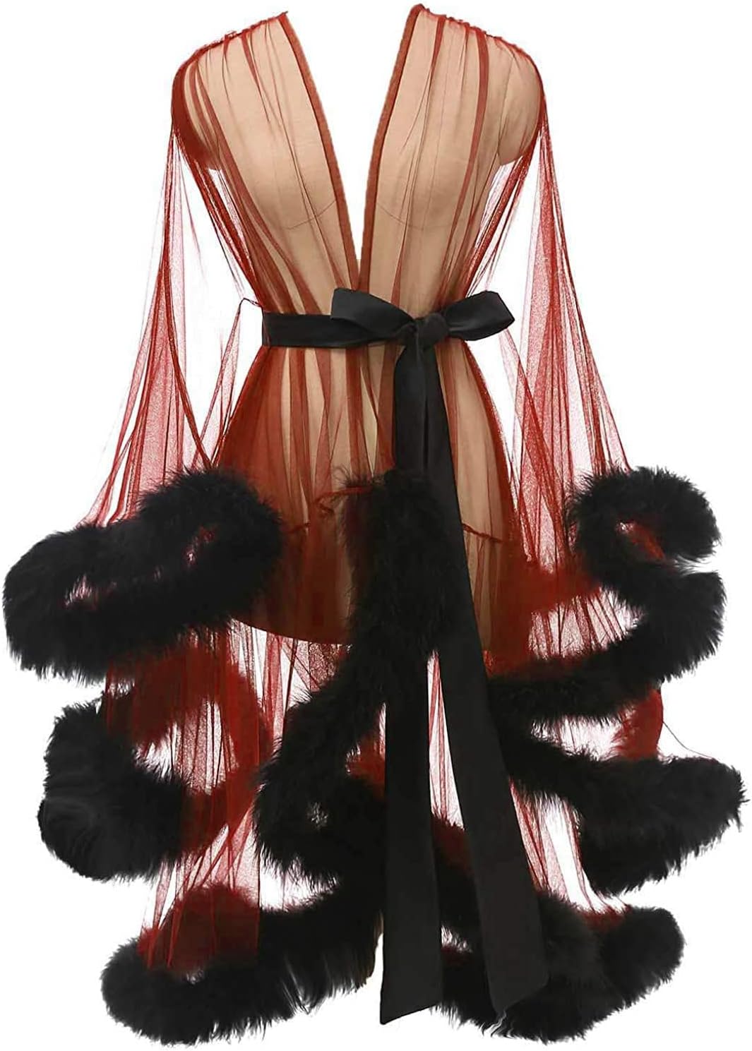 Tulle Feather Robe Sexy Sheer Mesh Fur Bridal Illusion Boudoir Bathrobe Nightgown Christmas Lingerie
