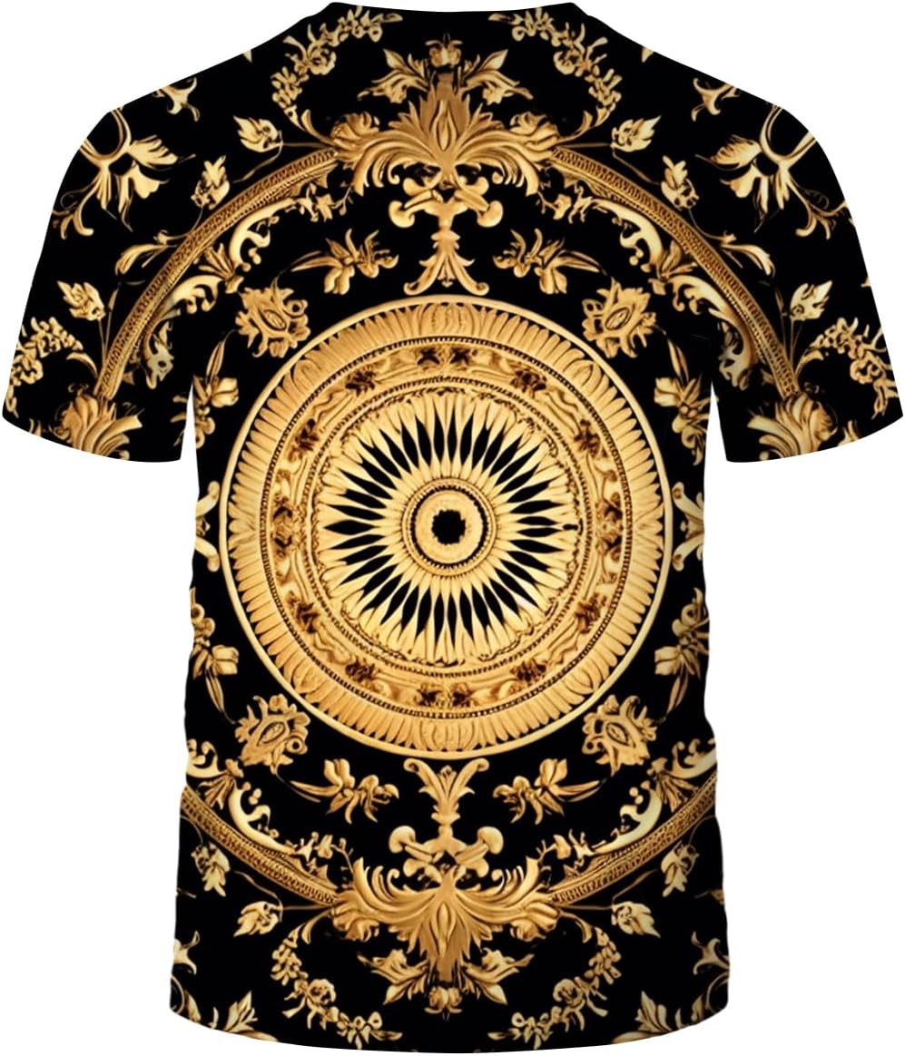 LAOLIUSN Men's Gold Shiny Printed T-Shirt - Golden Ornate Theme, Floral Graphic Tee Shirt
