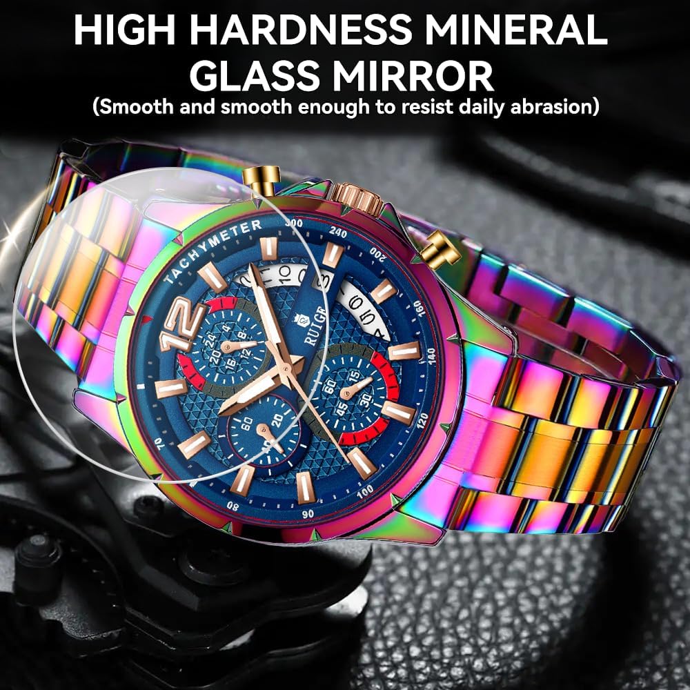 RUIGE Sports Chronograph Colorful Series Multi Functional Men's Quartz Watch Stainless Steel Material Men's Night Light Waterproof Fashion Trend Watch Diameter 42MM N3-3