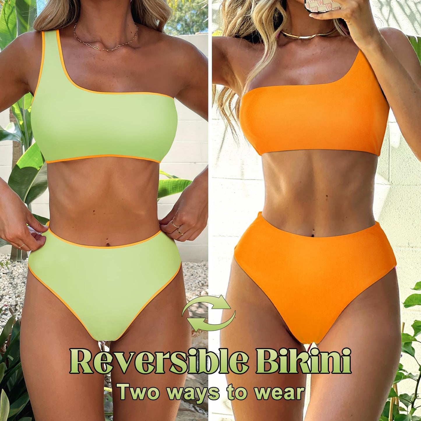 MOOSLOVER Women One Shoulder High Waisted Bikini Tie High Cut Two Piece Swimsuits
