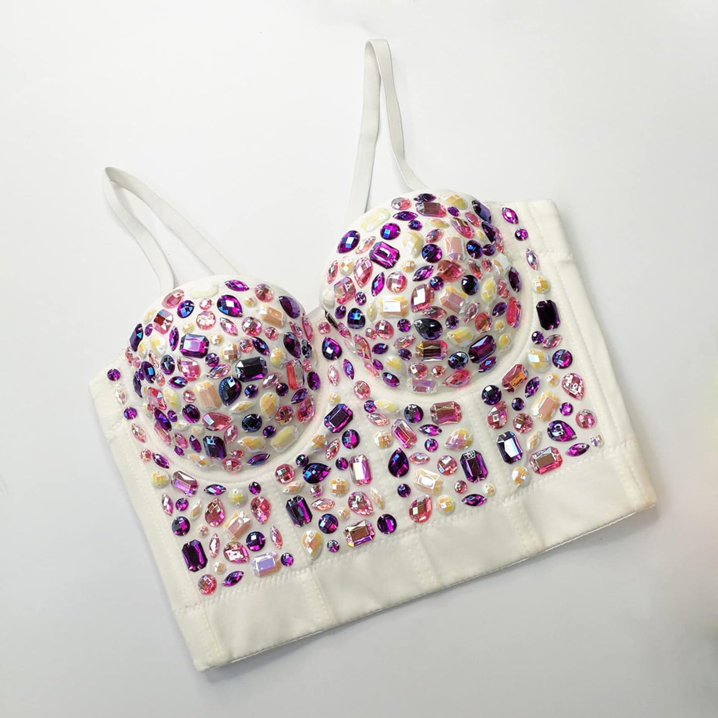 Women's Handmade Rhinestone Diamond Push up Bustier Crop Top Punk Corset Bra Vest