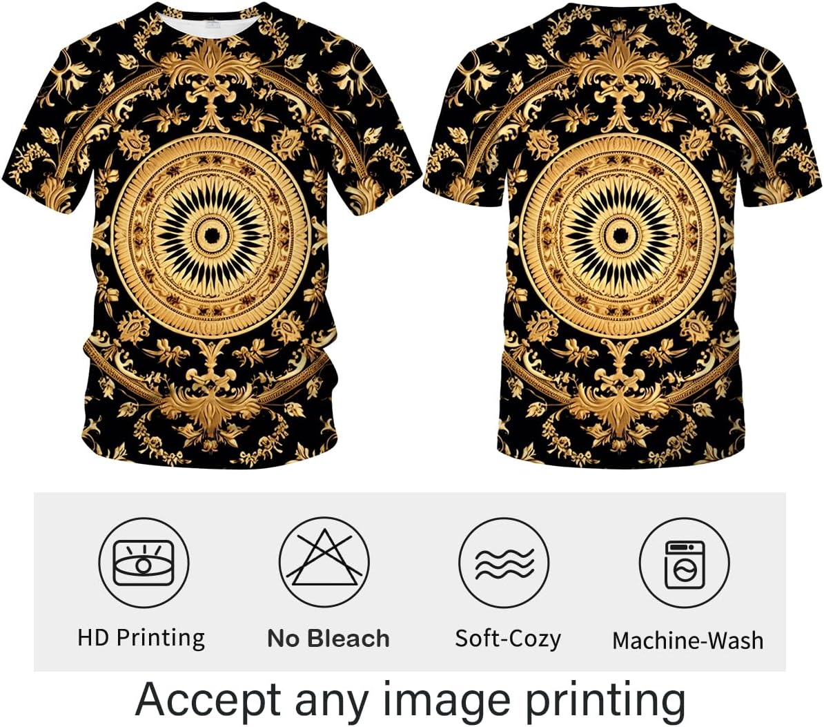 LAOLIUSN Men's Gold Shiny Printed T-Shirt - Golden Ornate Theme, Floral Graphic Tee Shirt