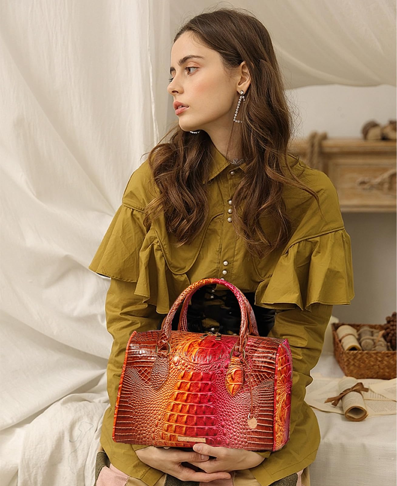 Top-Handle Crocodile Purses For Women Crossbody Leather Bags Trendy Large Capacity Tote with Shoulder Strap