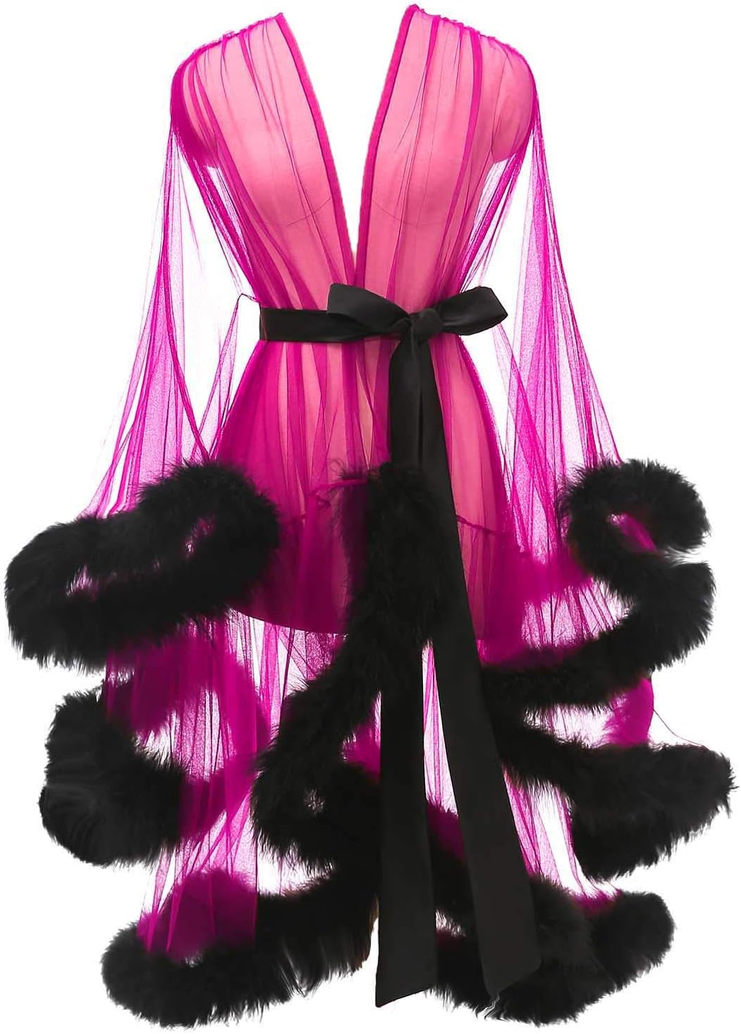 Tulle Feather Robe Sexy Sheer Mesh Fur Bridal Illusion Boudoir Bathrobe Nightgown Christmas Lingerie
