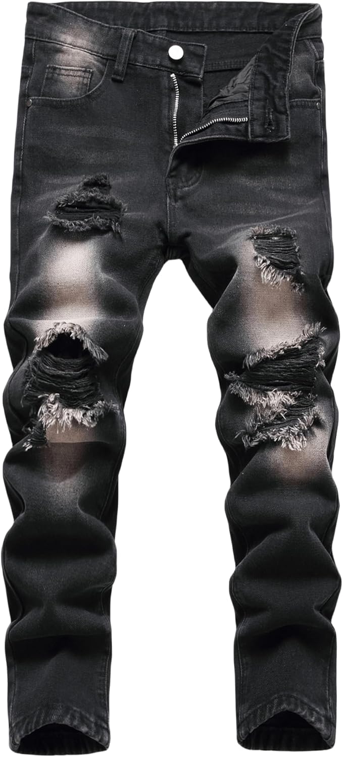 Boy's Ripped Jeans Stacked Skinny Fit Destroyed Distressed Fashion Comfy Denim Jeans Pants