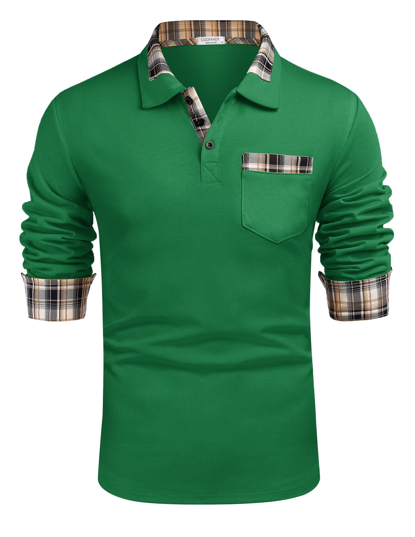 COOFANDY Men's Casual Polo Shirt Long Sleeve Classic Plaid Button Tees with Pockets