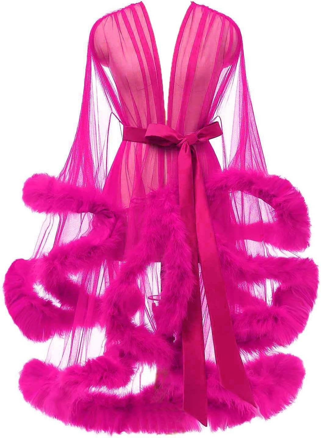 Tulle Feather Robe Sexy Sheer Mesh Fur Bridal Illusion Boudoir Bathrobe Nightgown Christmas Lingerie