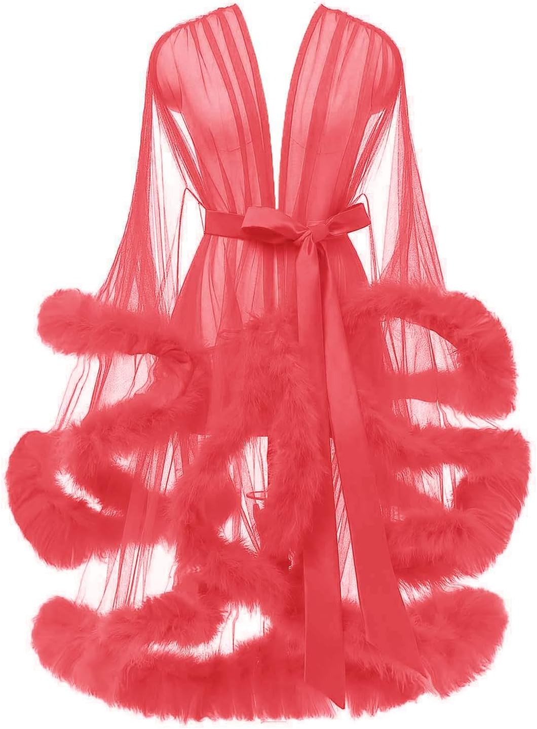 Tulle Feather Robe Sexy Sheer Mesh Fur Bridal Illusion Boudoir Bathrobe Nightgown Christmas Lingerie