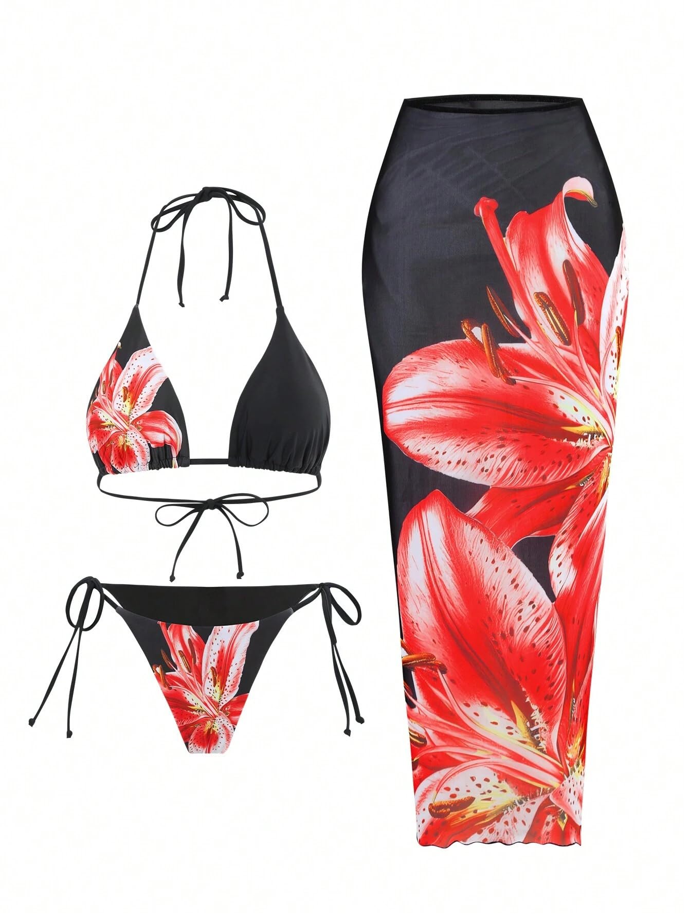 ZAFUL Womens 3pcs Swimsuit Floral Halter Triangle Bikini Top Tie Side Bottom with Long Sheer Cover Up Skirt