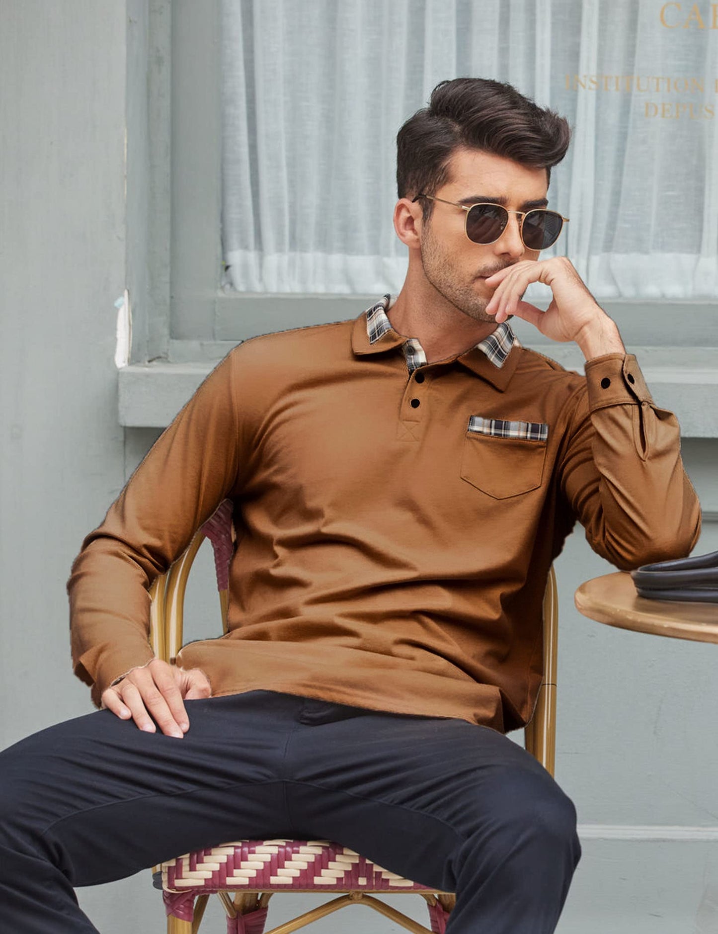 COOFANDY Men's Casual Polo Shirt Long Sleeve Classic Plaid Button Tees with Pockets