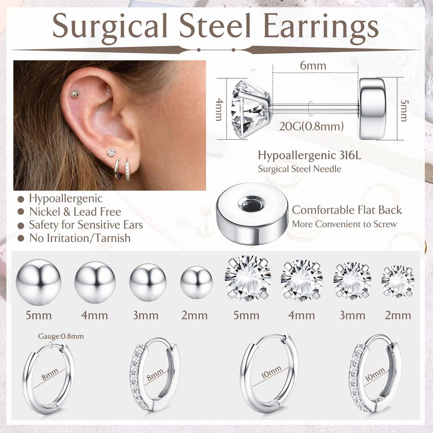 Jstyle Hypoallergenic Surgical Steel Earrings for Sensitive Ears 14K Gold Flat Back Earrings for Women Men Small Stainless Steel Earrings Flatback Stud Hoop Cartilage Earring Set for Multiple Piercing