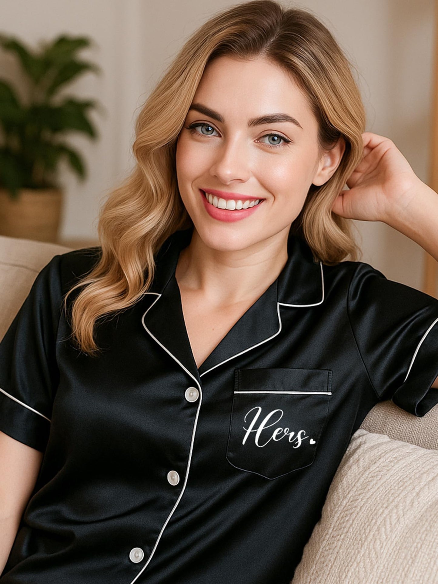 Jecery His and Hers Matching Pajamas for Couples Satin Short Sleeve Sleepwear Pjs Matching Sets Button Down Pjs Loungewear