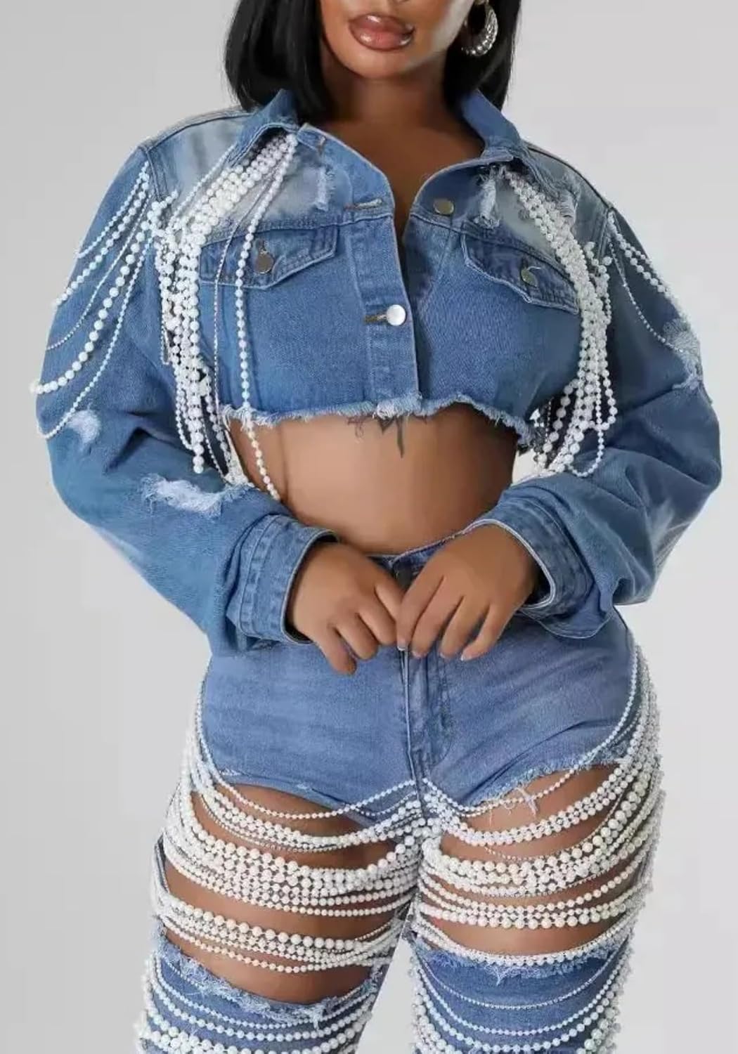 Lucuna Women's Cropped Denim Jacket Long Sleeve Trendy Pearl Distressed Crop Top Jean Jacket Coat