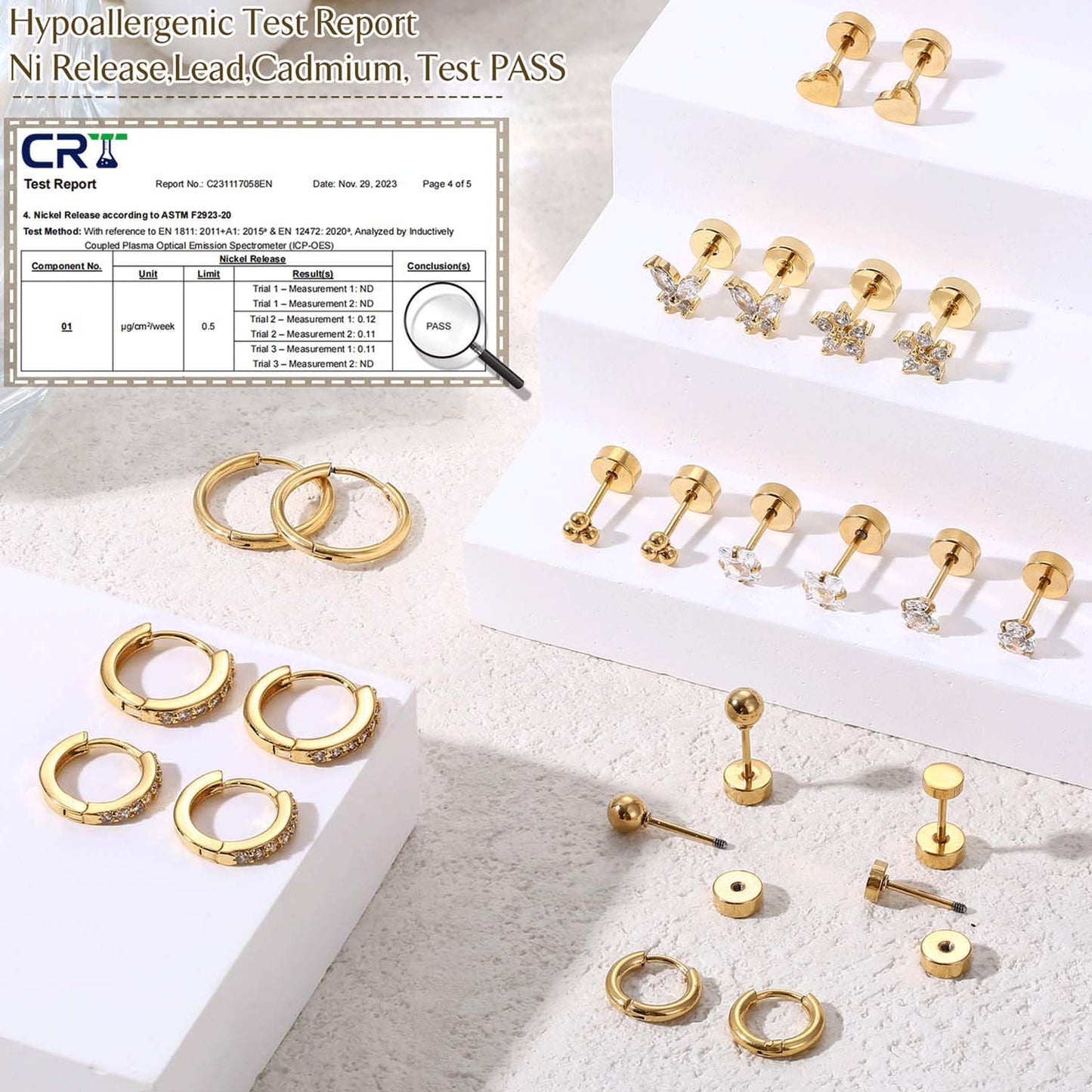 Jstyle Hypoallergenic Surgical Steel Earrings for Sensitive Ears 14K Gold Flat Back Earrings for Women Men Small Stainless Steel Earrings Flatback Stud Hoop Cartilage Earring Set for Multiple Piercing