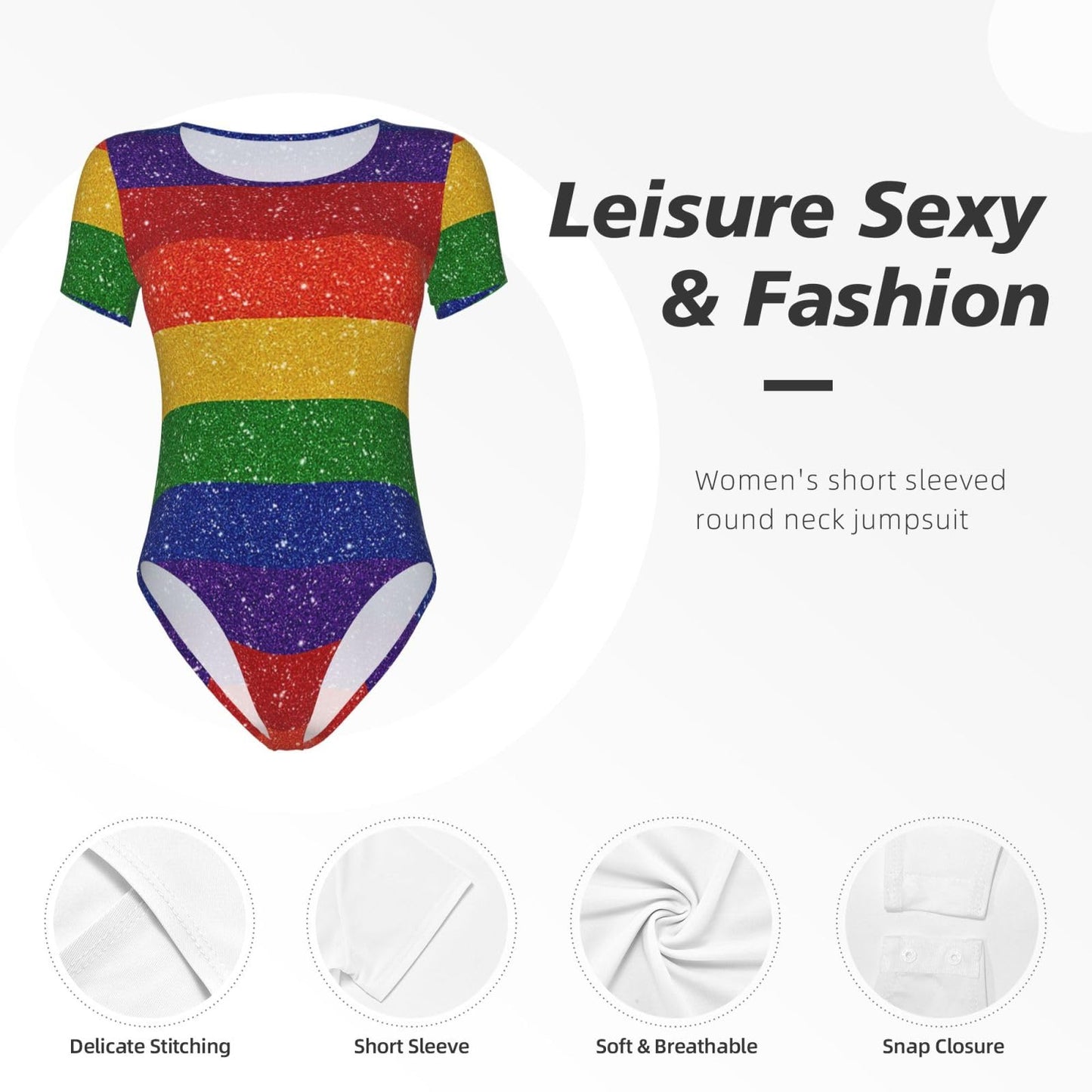 Serape Rainbow Stripes Mexican Pattern Women’s Short Sleeve Bodysuit Round Neck Onesie Stretchy One-Piece Jumpsuit