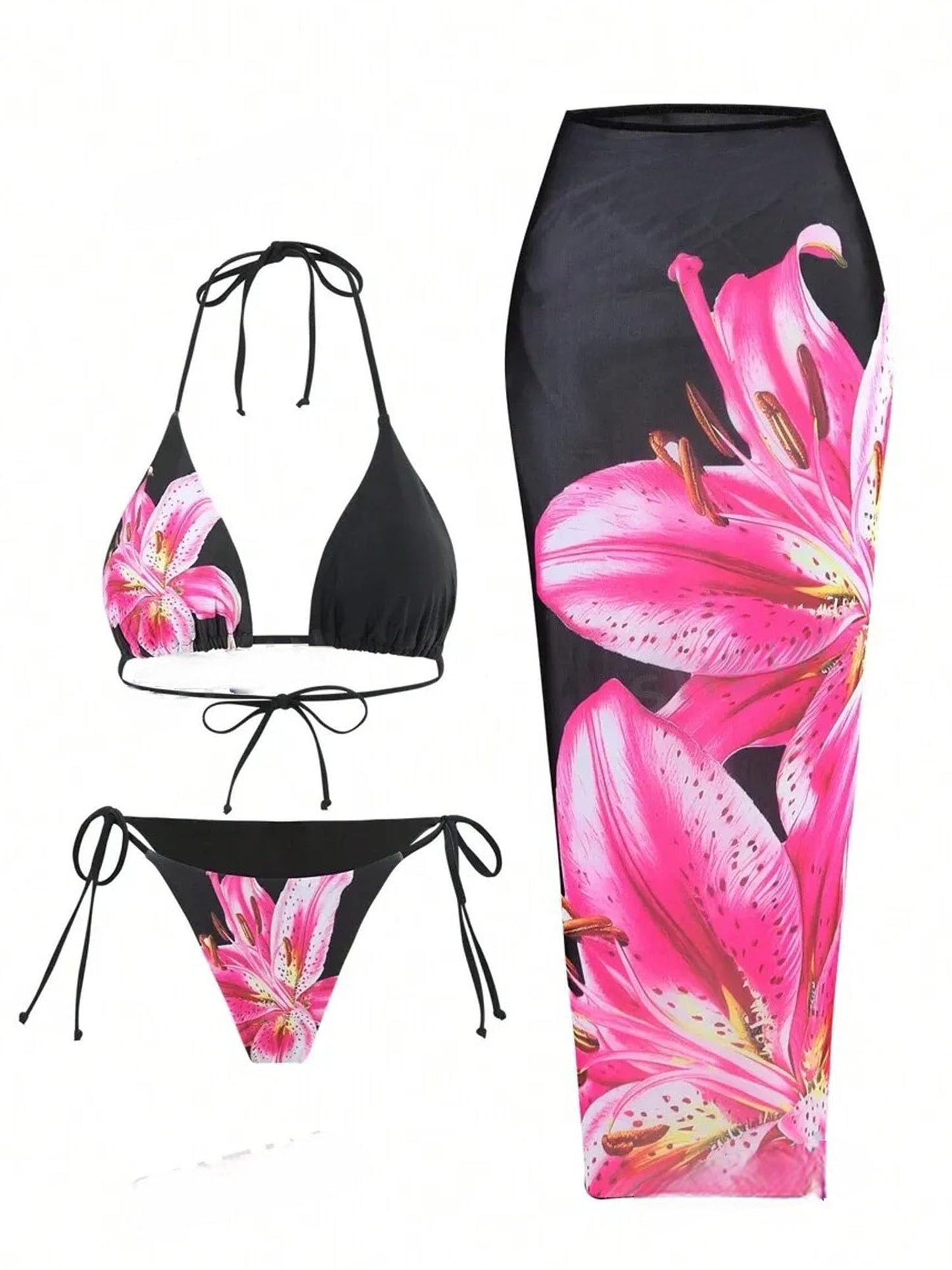 ZAFUL Womens 3pcs Swimsuit Floral Halter Triangle Bikini Top Tie Side Bottom with Long Sheer Cover Up Skirt