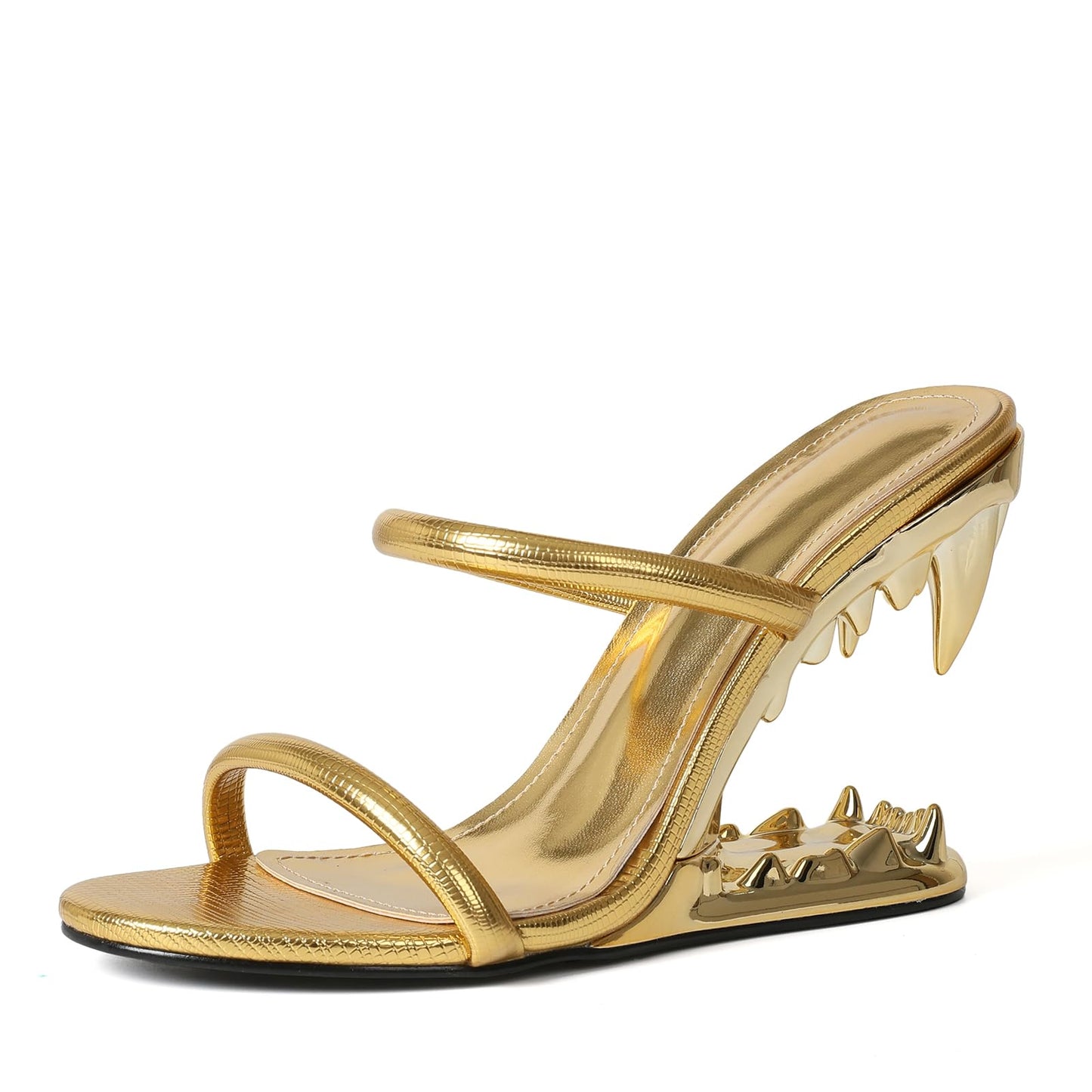 Goiphrri Wedge Sandals for Women Strappy Heels Round Open Toe Heels Metallic Shark Tiger Teeth heeled Sandals Flip Flops Thong Womens Mules Slip on Party Dress Wedding Ceremony