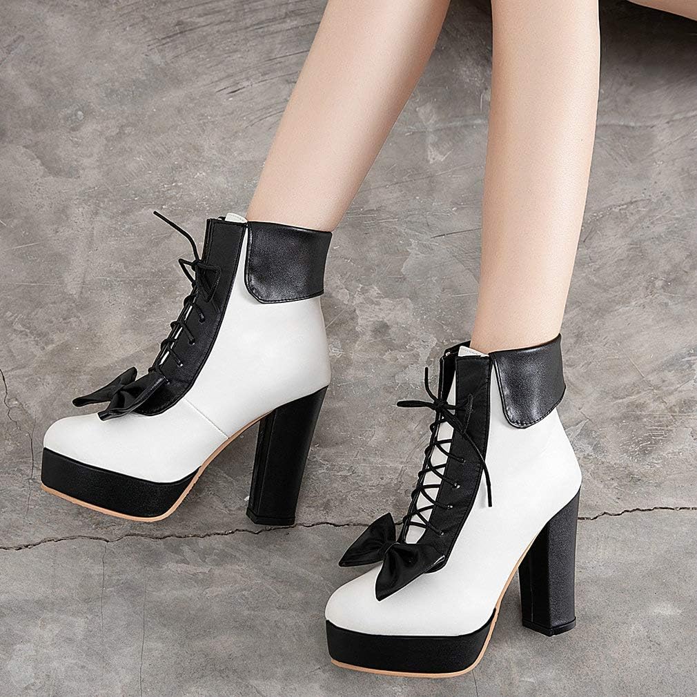 Parisuit Womens Dress Kawaii Boots Chunky High Heel Platform Ankle Booties Lace Up Sweet Bow Shoes