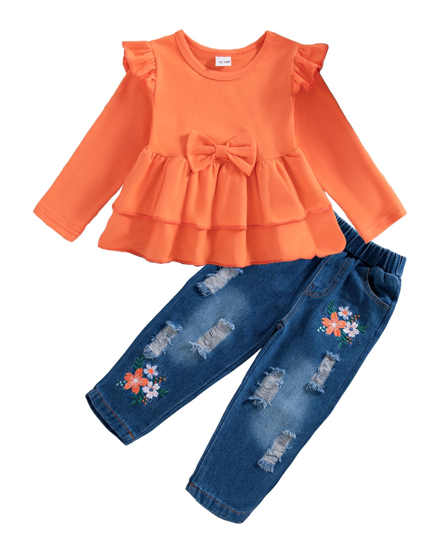 NZRVAWS Baby Girl Clothes Toddler Girl Outfits Infant Ruffle Shirt Denim Ripped Jeans Cute Clothing Set