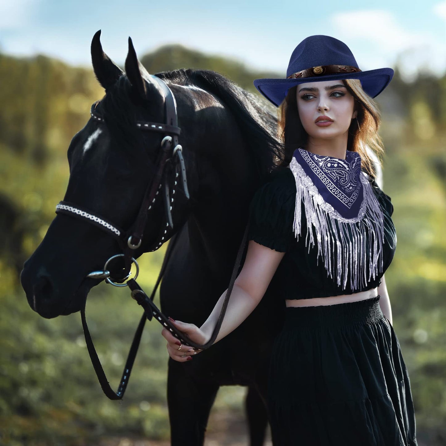 Ibeauti Cowboy Hat with Fringed Bandana Set for Women Wide Brim Western Cowgirl Hat Paisley Head Wrap Scarf