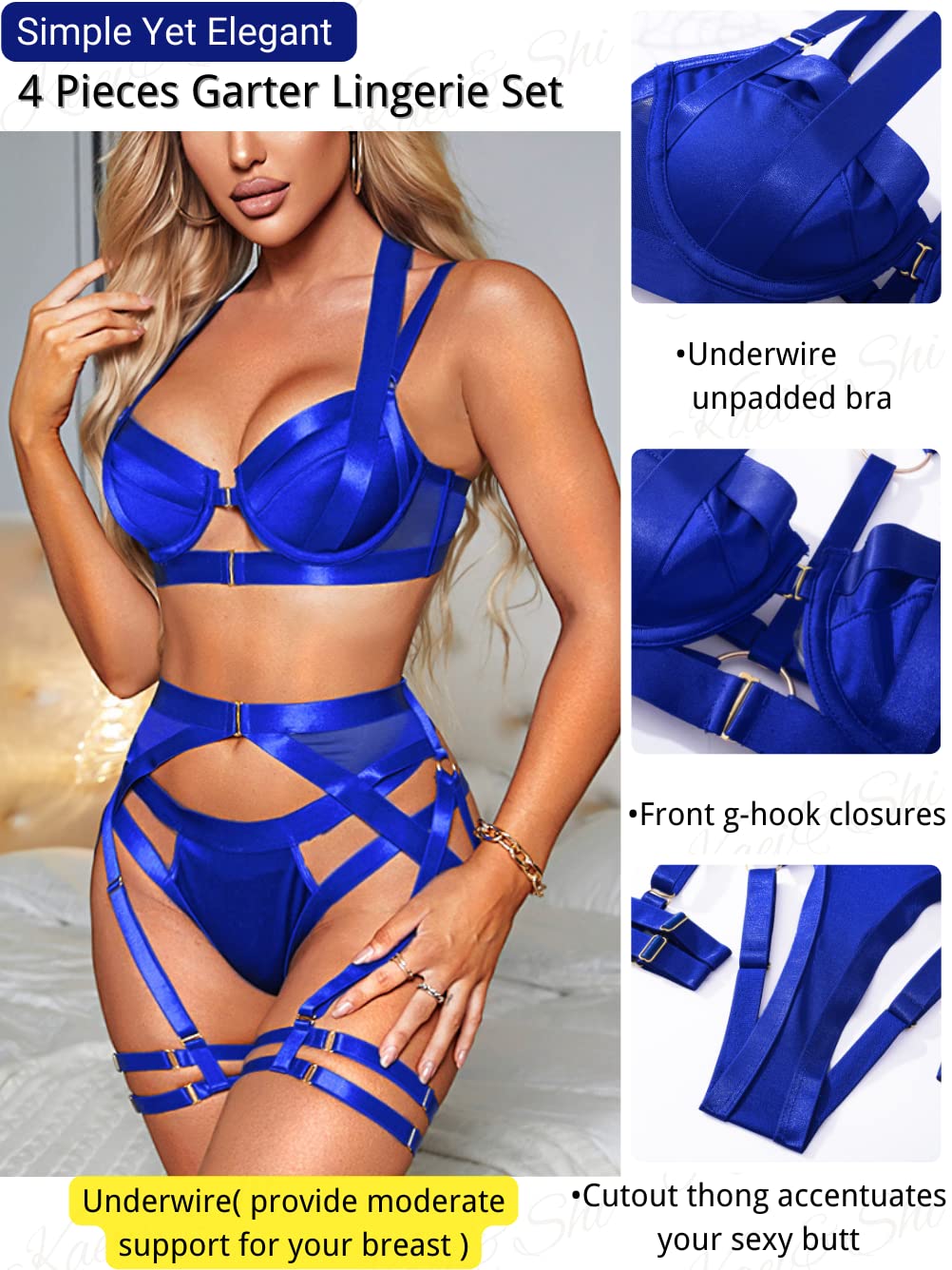 Kaei&Shi Strappy Harness, All Adjustable, Underwire Racerback, 4pc Garter Set