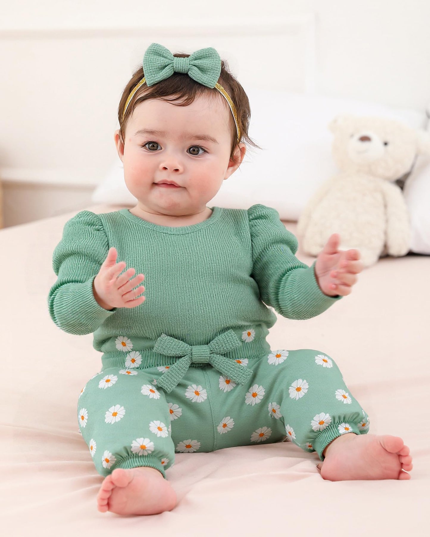 Mioglrie Baby Girl Clothes Newborn Girl Fall Winter Outfits Pants Set Preemie Clothing Headband 0 3 6 12 18 Months