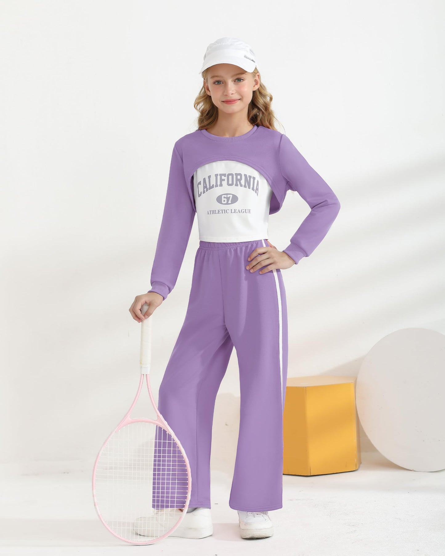 Girls 3 Piece Outfits Long Sleeve Crop Shirts & Cami Tops & Sweatpants Sets Fall Clothes Size 8-12Y