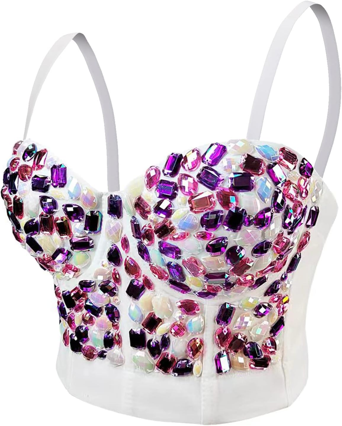 Women's Handmade Rhinestone Diamond Push up Bustier Crop Top Punk Corset Bra Vest