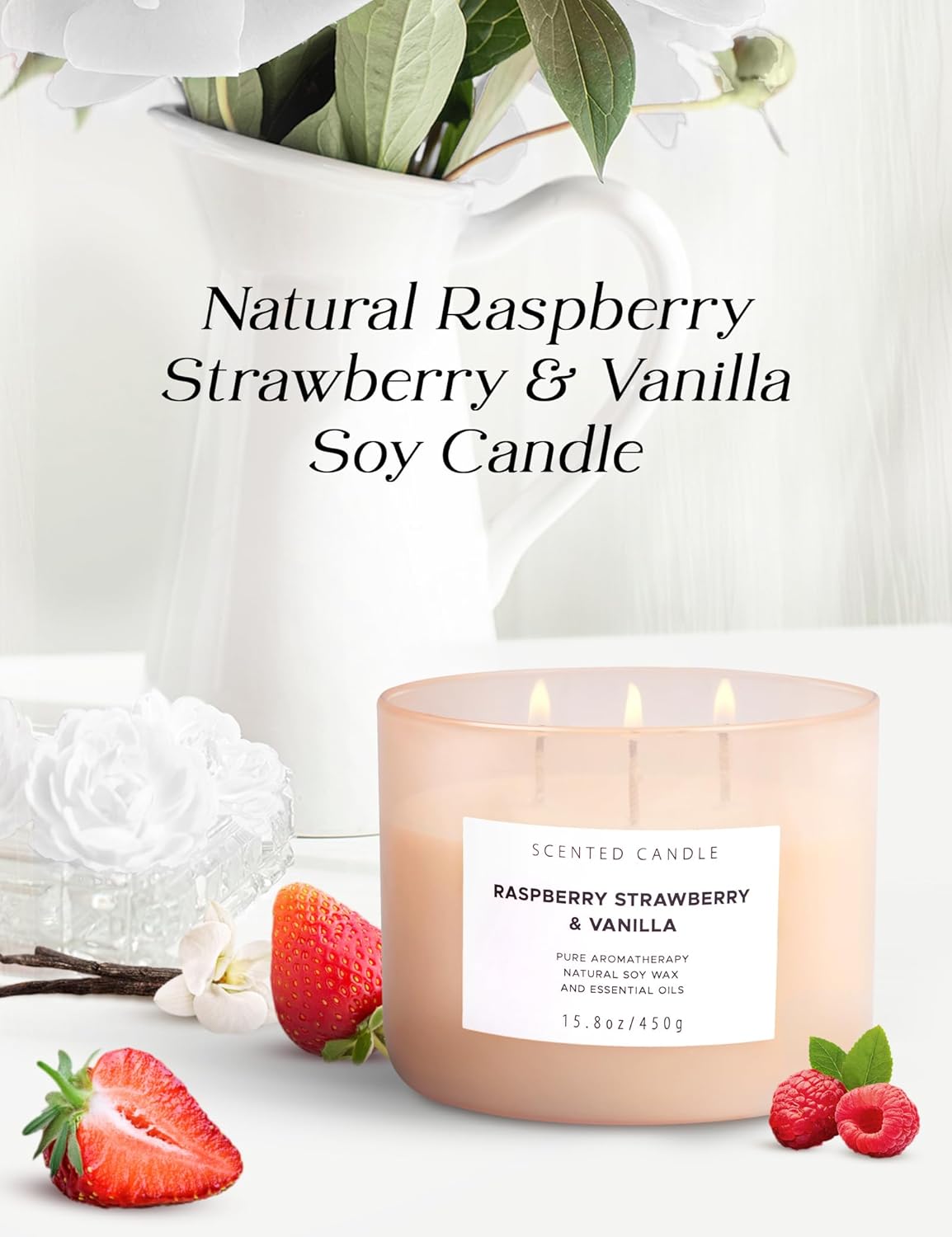 Raspberry Strawberry Vanilla 3 Wick Scented Candle | Large Soy Candles for Home 15.8 oz | Long Lasting Aromatherapy Candle Gift | Refreshing Berry Scented Candles | Relaxing Candle for Women & Men