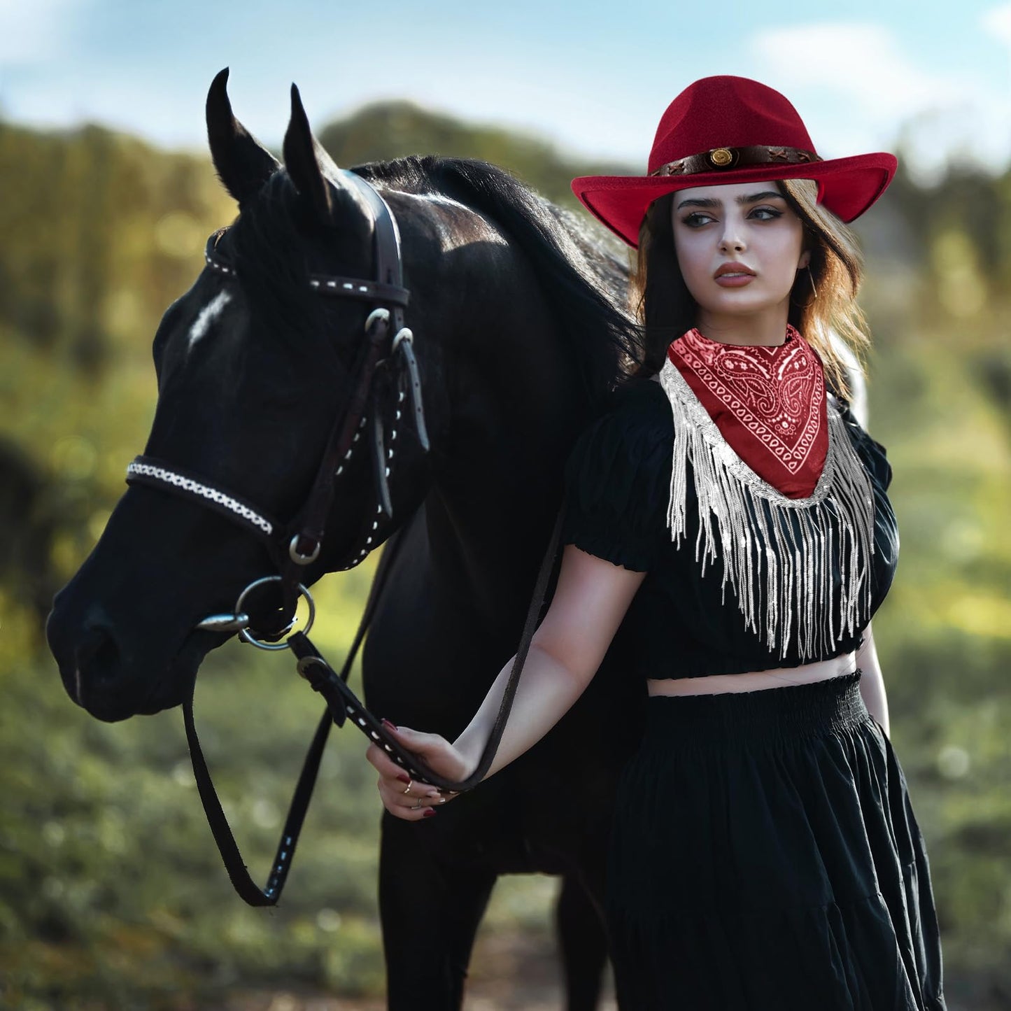 Ibeauti Cowboy Hat with Fringed Bandana Set for Women Wide Brim Western Cowgirl Hat Paisley Head Wrap Scarf