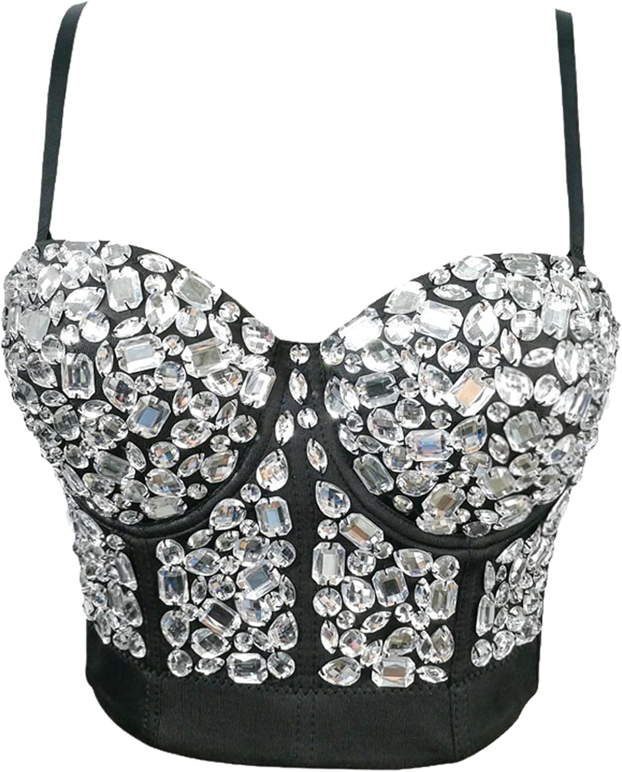 Women's Handmade Rhinestone Diamond Push up Bustier Crop Top Punk Corset Bra Vest