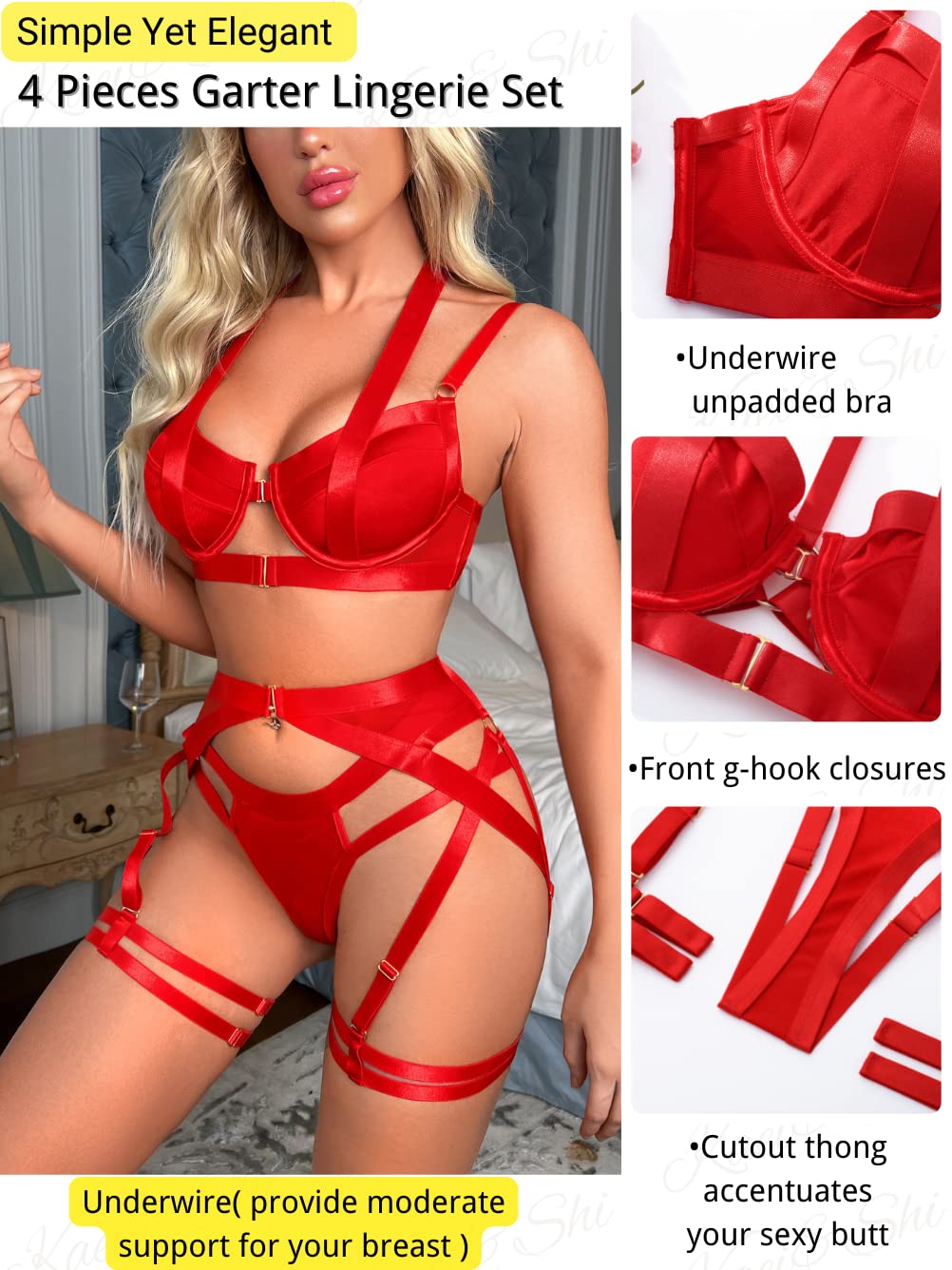 Kaei&Shi Strappy Harness, All Adjustable, Underwire Racerback, 4pc Garter Set